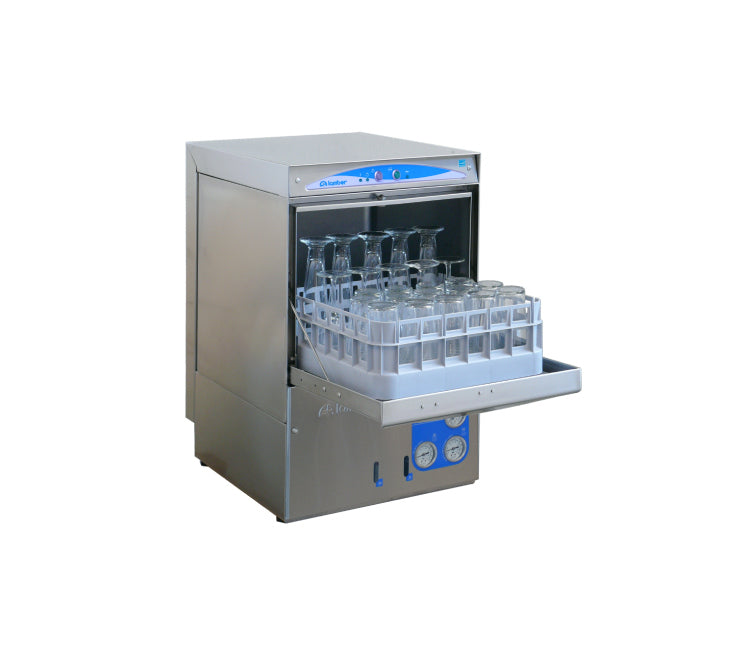Undercounter glasswasher in a bar setting, designed for efficient cleaning and sanitizing of glassware.