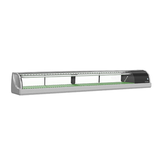 Refrigerated sushi case displaying fresh sushi with clear glass front and adjustable shelving.