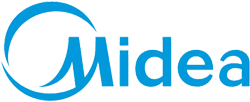 Midea logo with commercial microwaves, established in 1968.