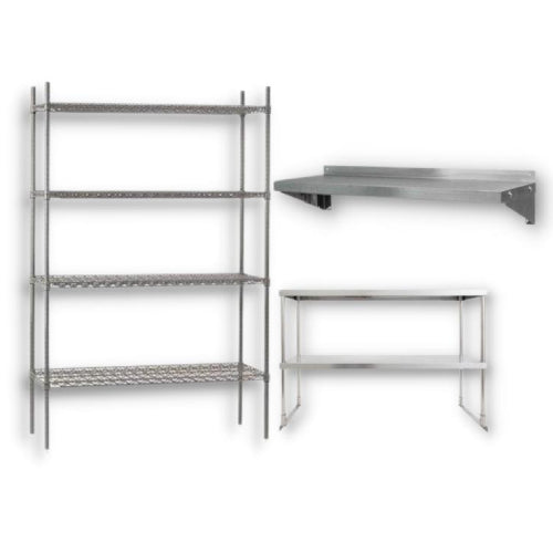 Stainless steel shelving and tables for durable, hygienic storage in food processing, medical, and industrial environments.