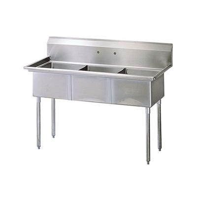 Triple compartment pot sink in a commercial kitchen, featuring three spacious compartments for washing, rinsing, and sanitizing.