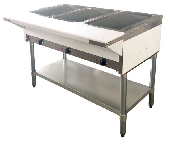 Omcan 3 Pan Open Well Natural Gas Steam Table with Cutting Board and Undershelf