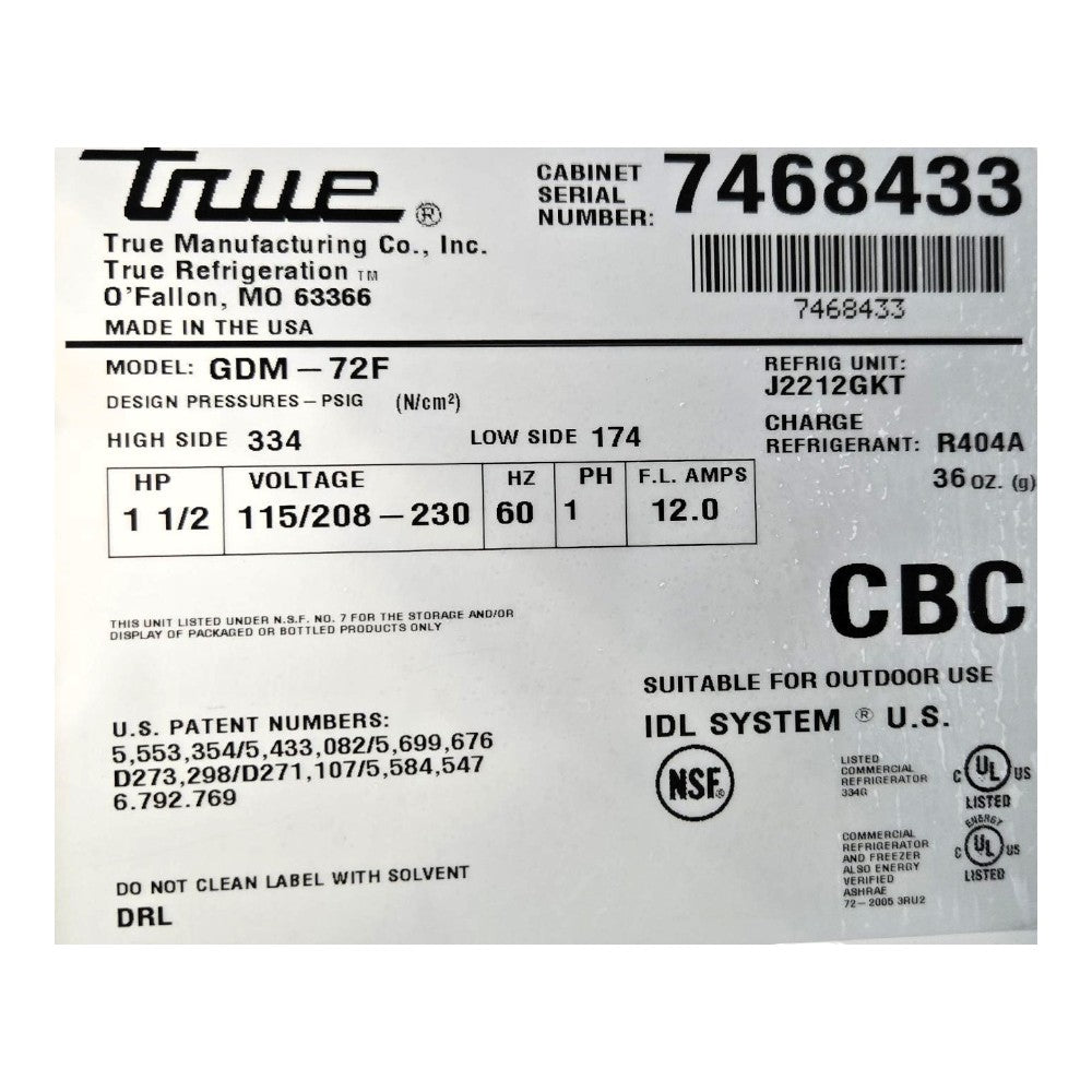 TRUE GDM-72F Upright Freezer - 3 Glass Door - Cosmetic Scratch Left Side