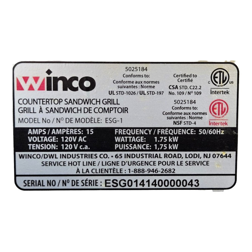 Winco ESG-1 Panini/Sandwich Grill