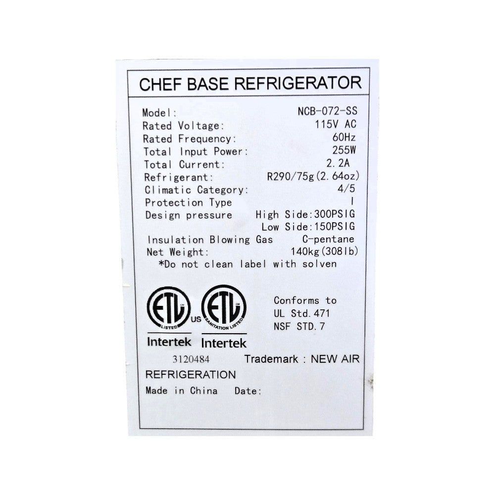 New Air NCB-072-SS Refrigerated Chef Base