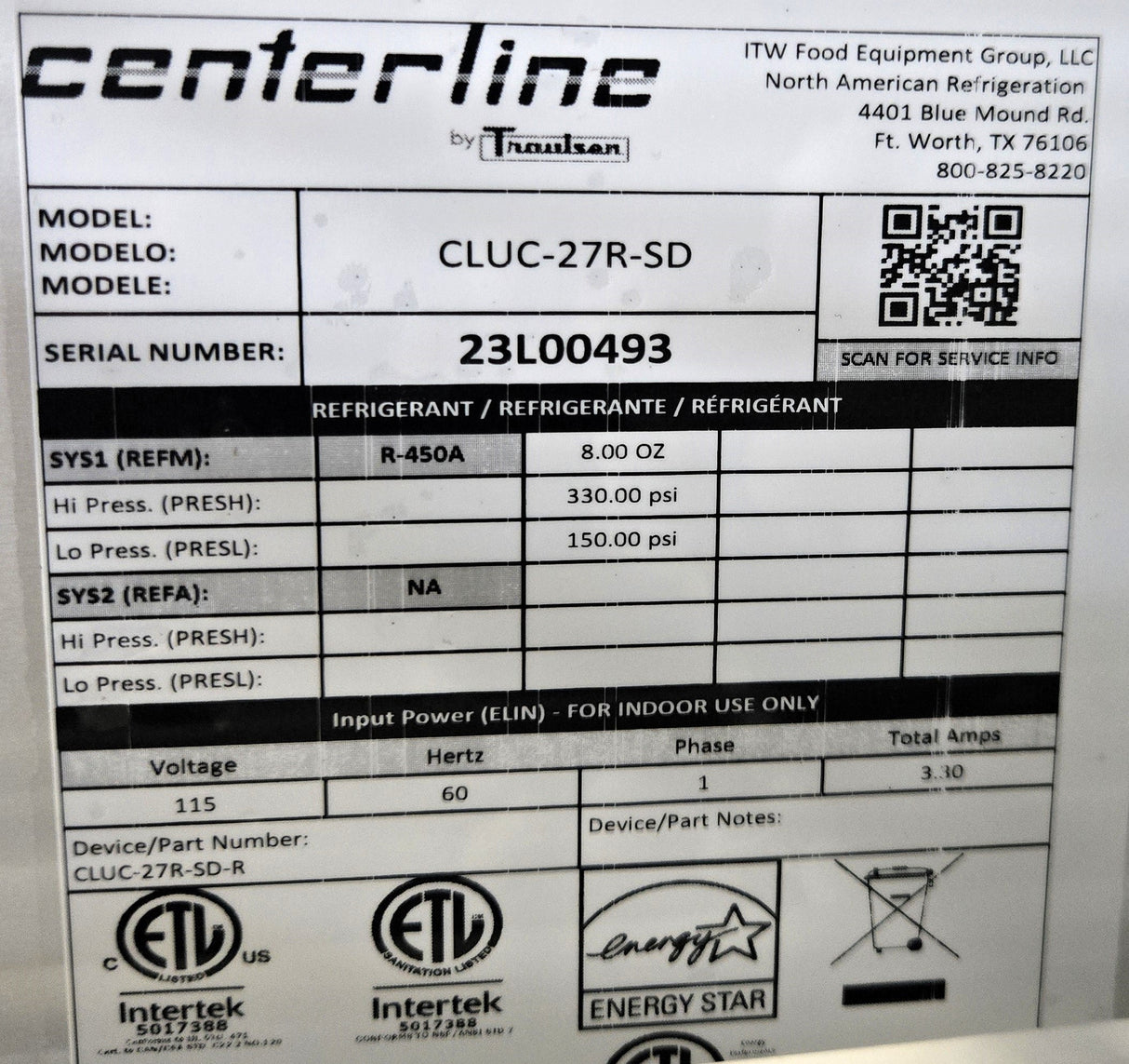 Centerline CLUC-27R-SD Undercounter Refrigerator