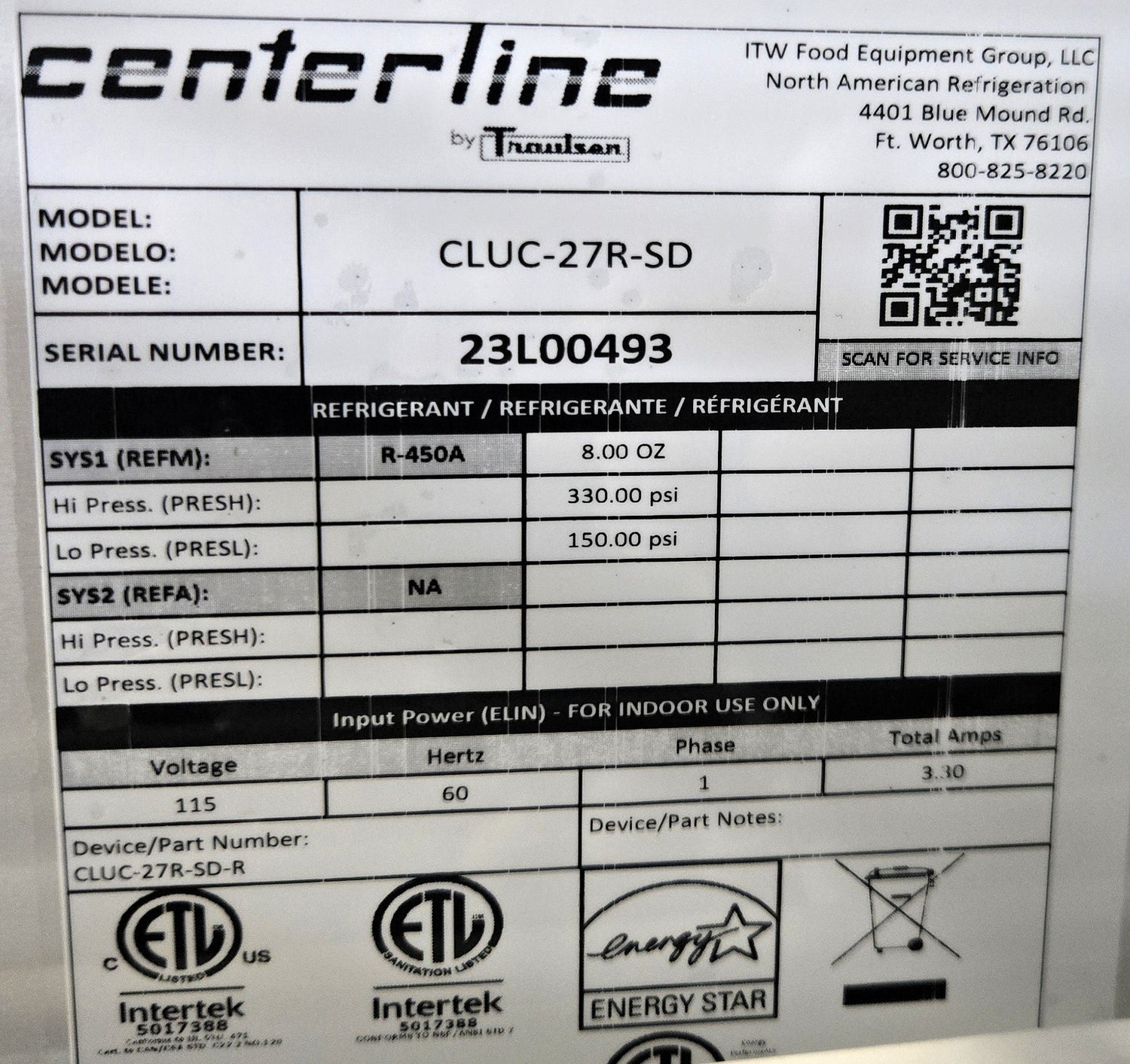 Centerline CLUC-27R-SD Undercounter Refrigerator