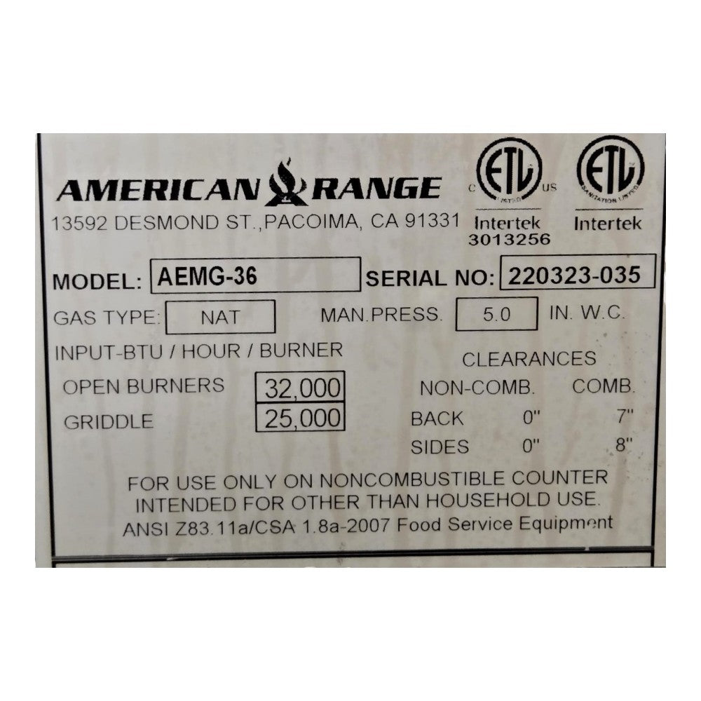 American Range AEMG-36 Griddle - Natural Gas