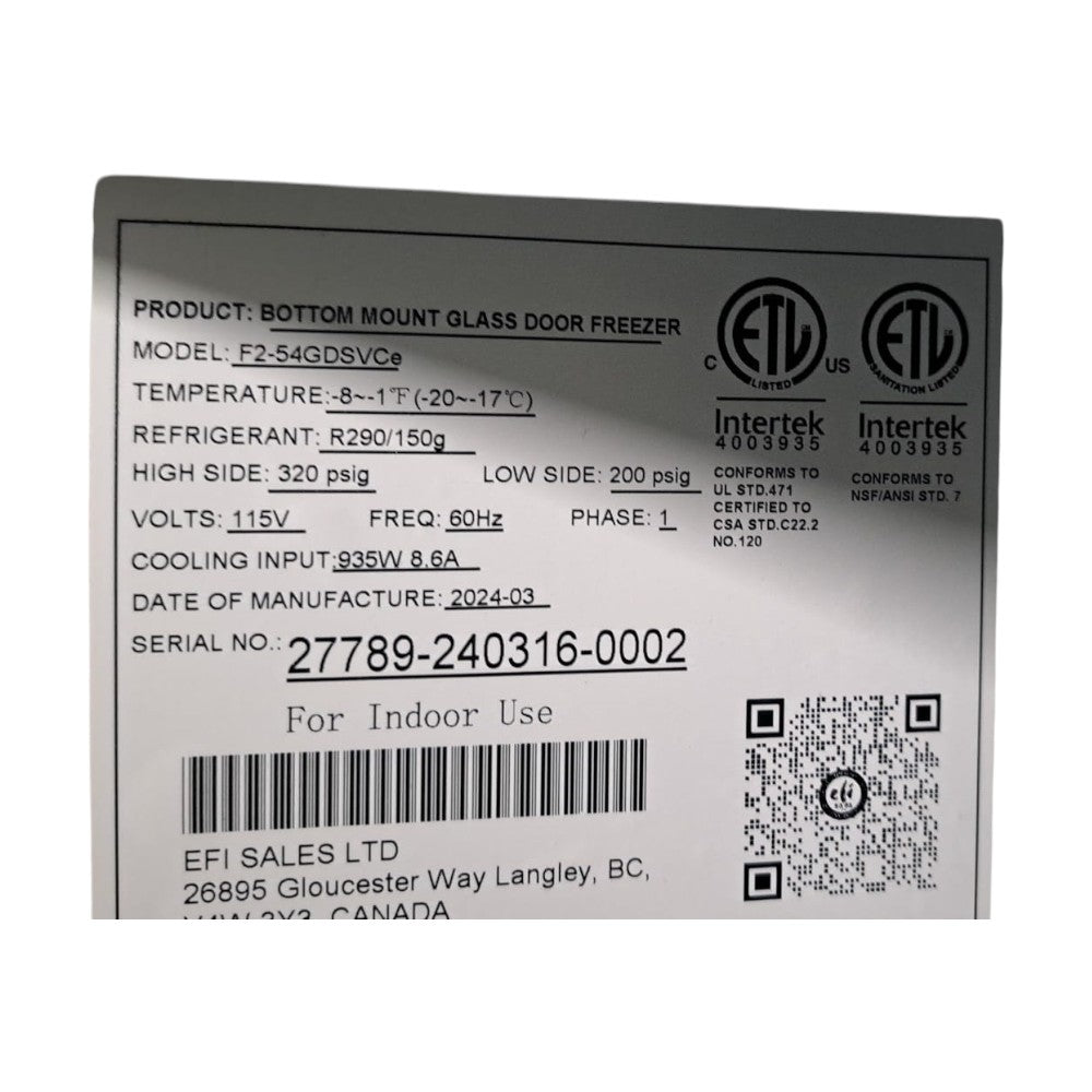 EFI F2-54GDSVC Bottom Mount Glass Door Freezer