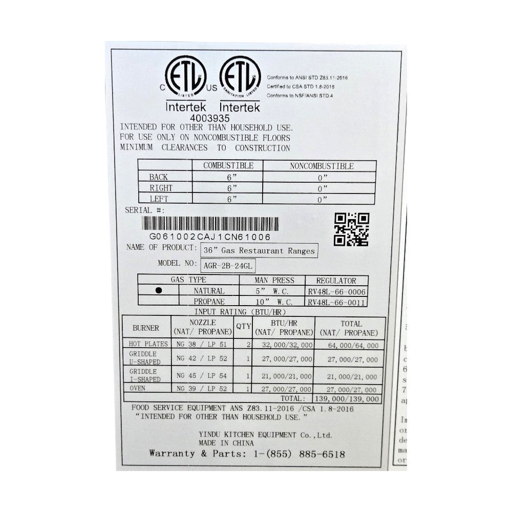 Atosa AGR-2B-24GL Range - Natural Gas - 36 inch
