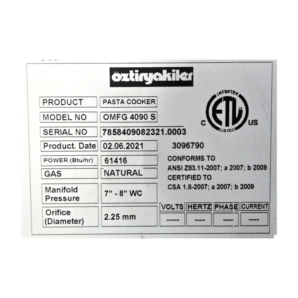 Ozti OMFG 4090 S Pasta Cooker - Natural Gas