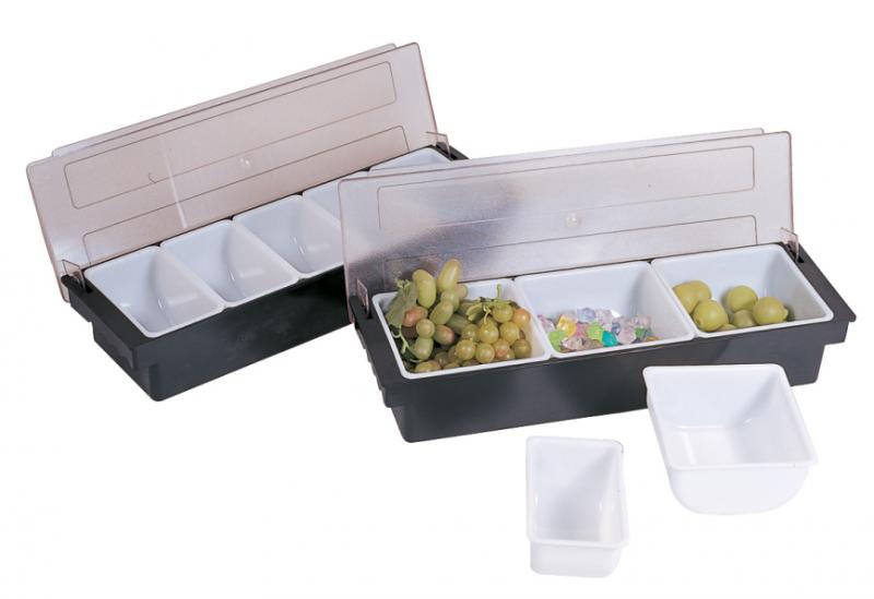 Omcan Black Plastic 3-Compartment Condiment Holder with Clear Cover