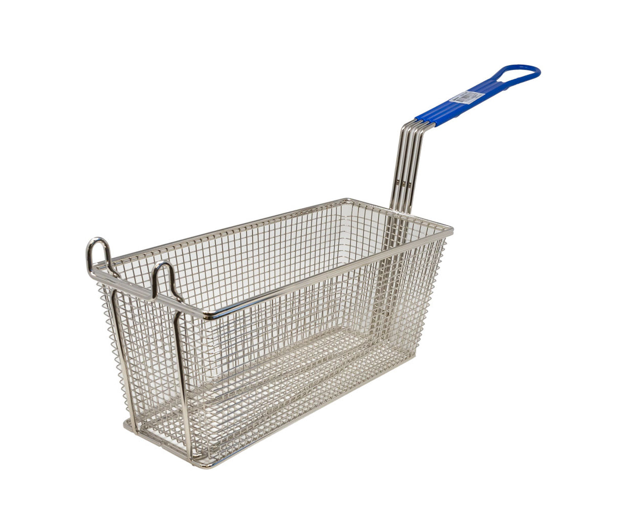 Omcan 13 1/4″ x 5 7/8″ x 5 5/8″ Nickel-Plated Iron Fryer Basket with Blue Handle