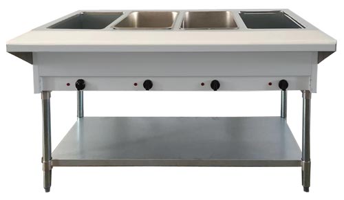 Omcan 4 Pan Open Well Natural Gas Steam Table with Cutting Board and Undershelf