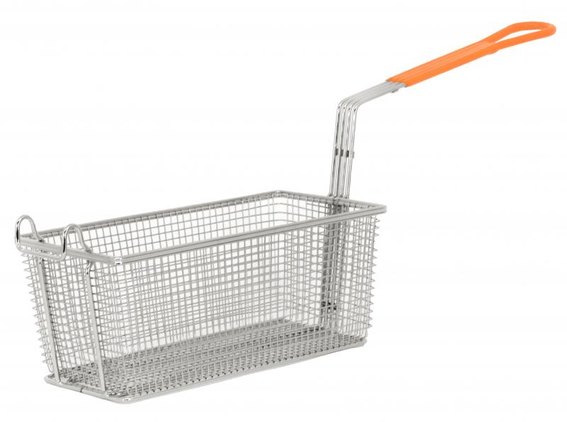 Omcan 12 1/8″ x 6 5/16″ x 5 5/16″ Nickel-Plated Iron Fryer Basket with Orange Handle