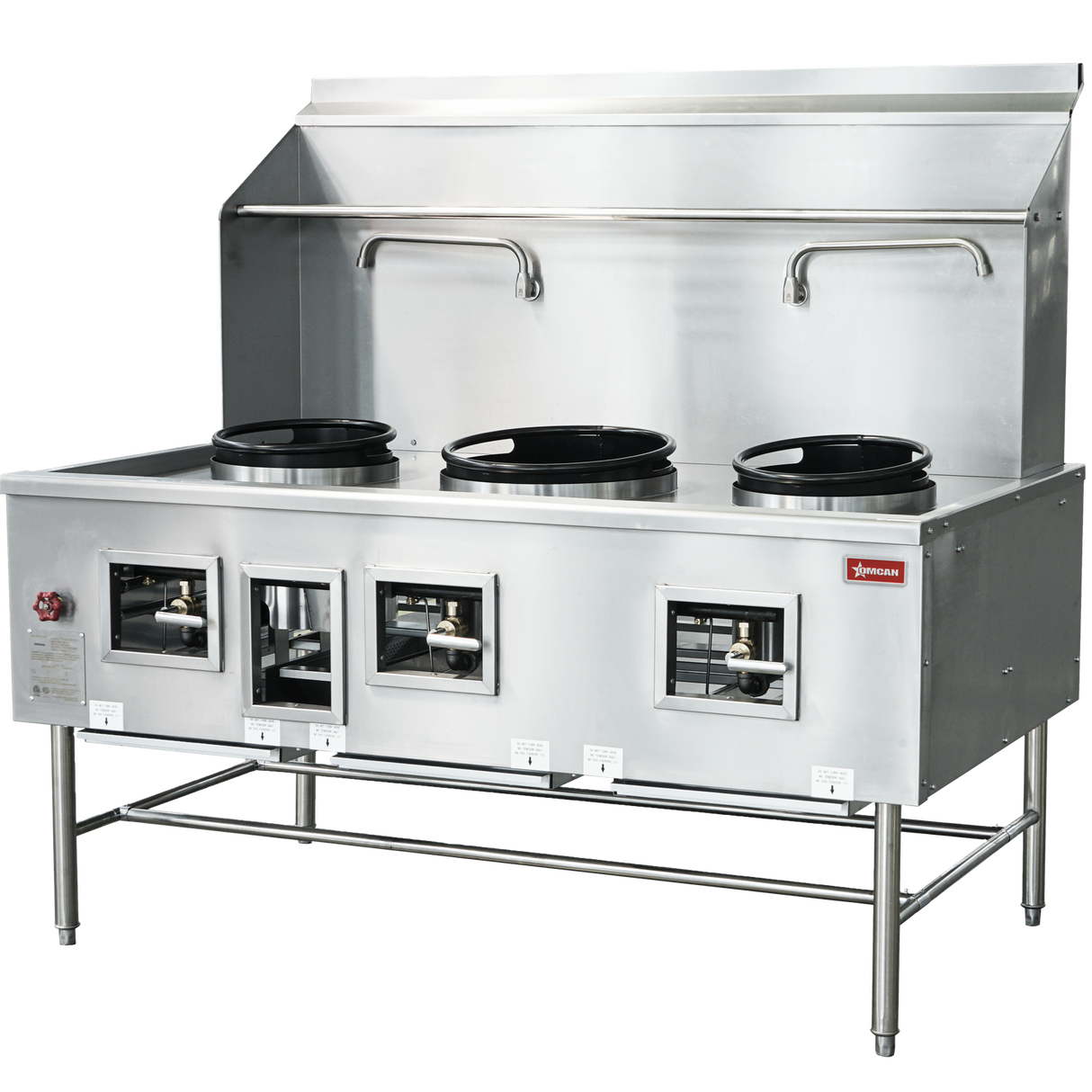 Omcan Three Chamber Wok Range with a 2x13 + 16″ Ring, Backsplash, Faucet, Natural gas 315,000 BTU - 48409 - VRS Restaurant Equipment & Supply Store
