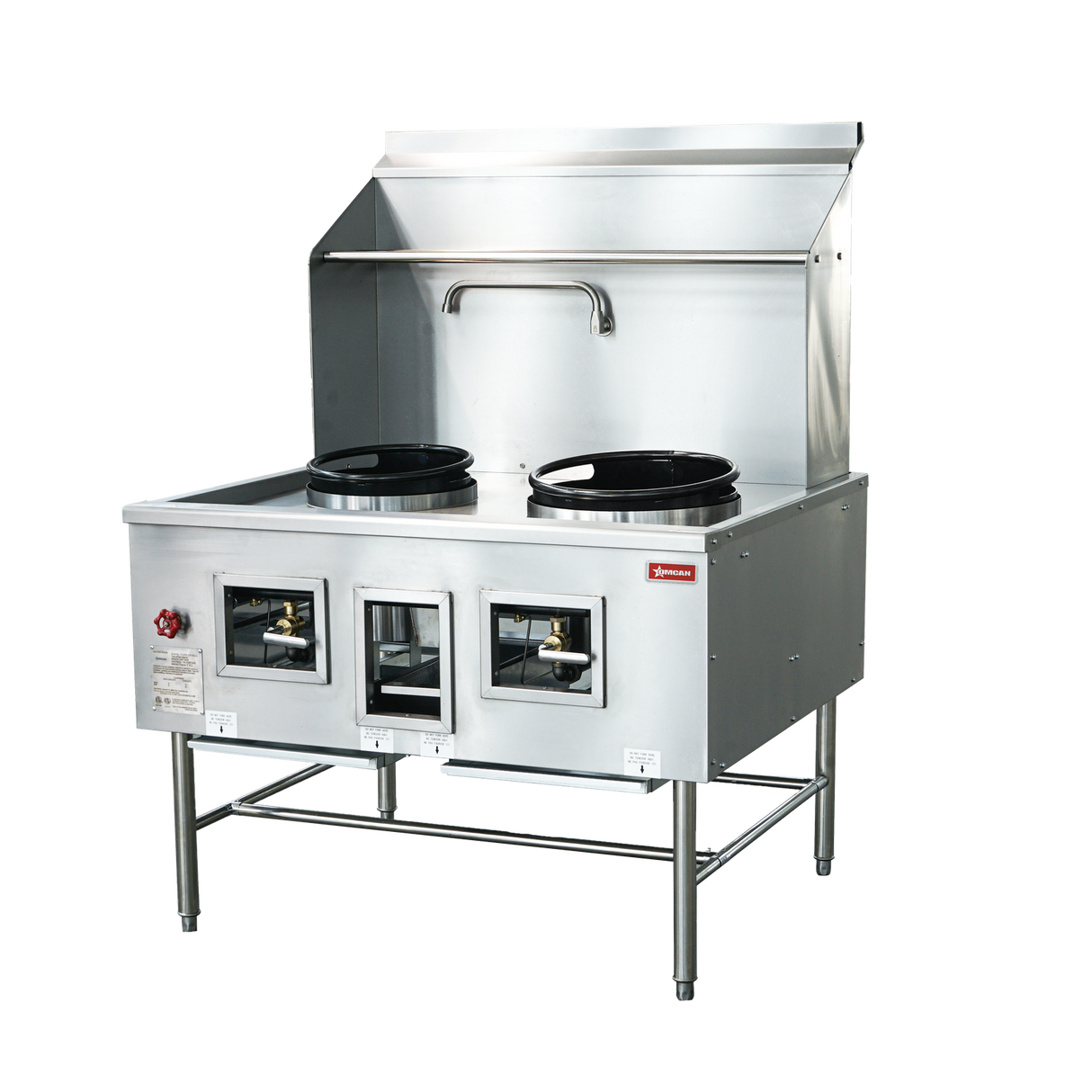 Omcan Two Chamber Wok Range with a 13 + 16″ Ring, Backsplash, Faucet, Natural gas 220,000 BTU - 48413 - VRS Restaurant Equipment & Supply Store