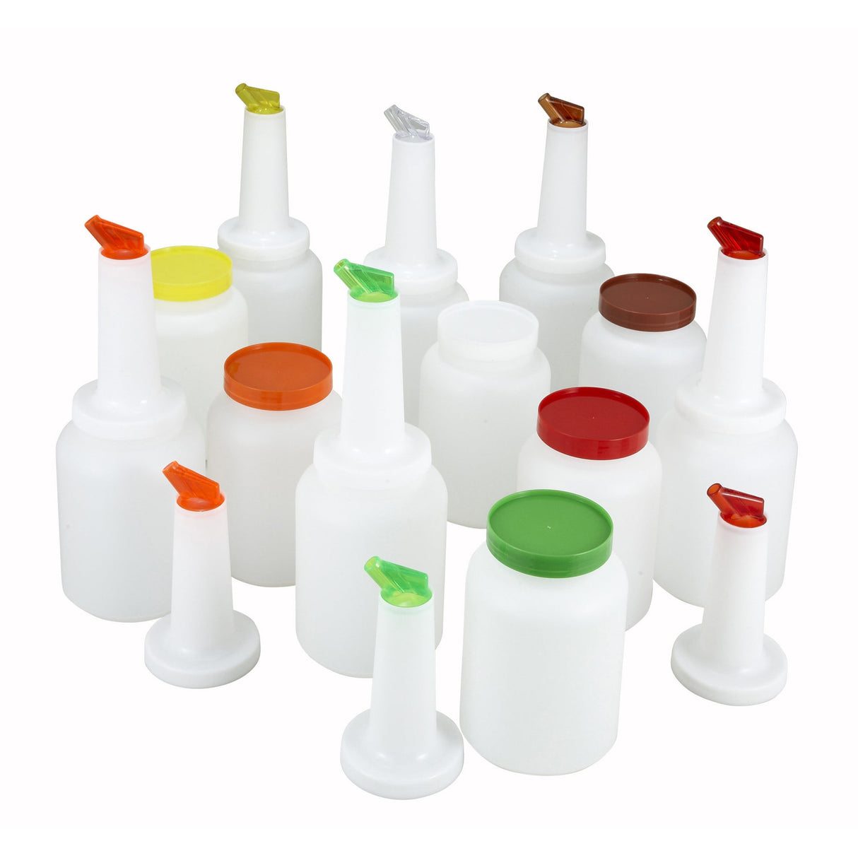 Winco PPB-1MX - 1qt Liquor/Juice Pour Bottle Set, 12 pcs/cs, 2 of Each Color