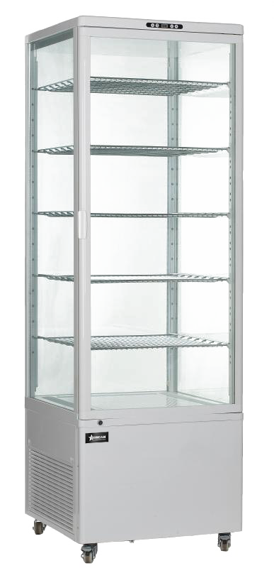 Omcan 26″ Refrigerated Floor Display Showcase with 4-Sided Glass and White Exterior, 17.65cu.ft. / 500L Capacity – 110V, 3600W