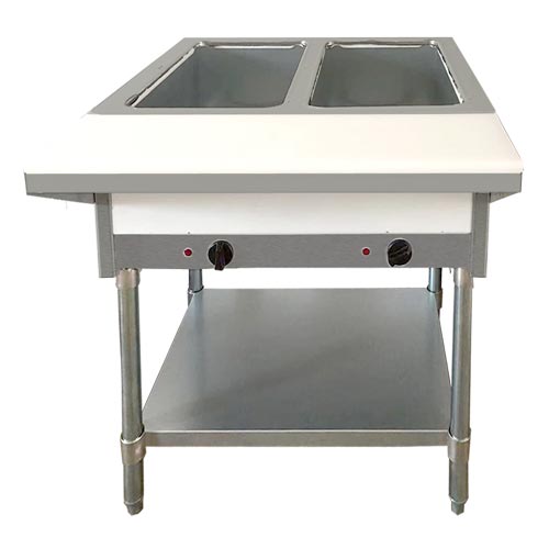 Omcan 30″ 2 Pan Open Well Electric Steam Table with Cutting Board and Adjustable Undershelf – 240 V, 1 Phase, 2 kW