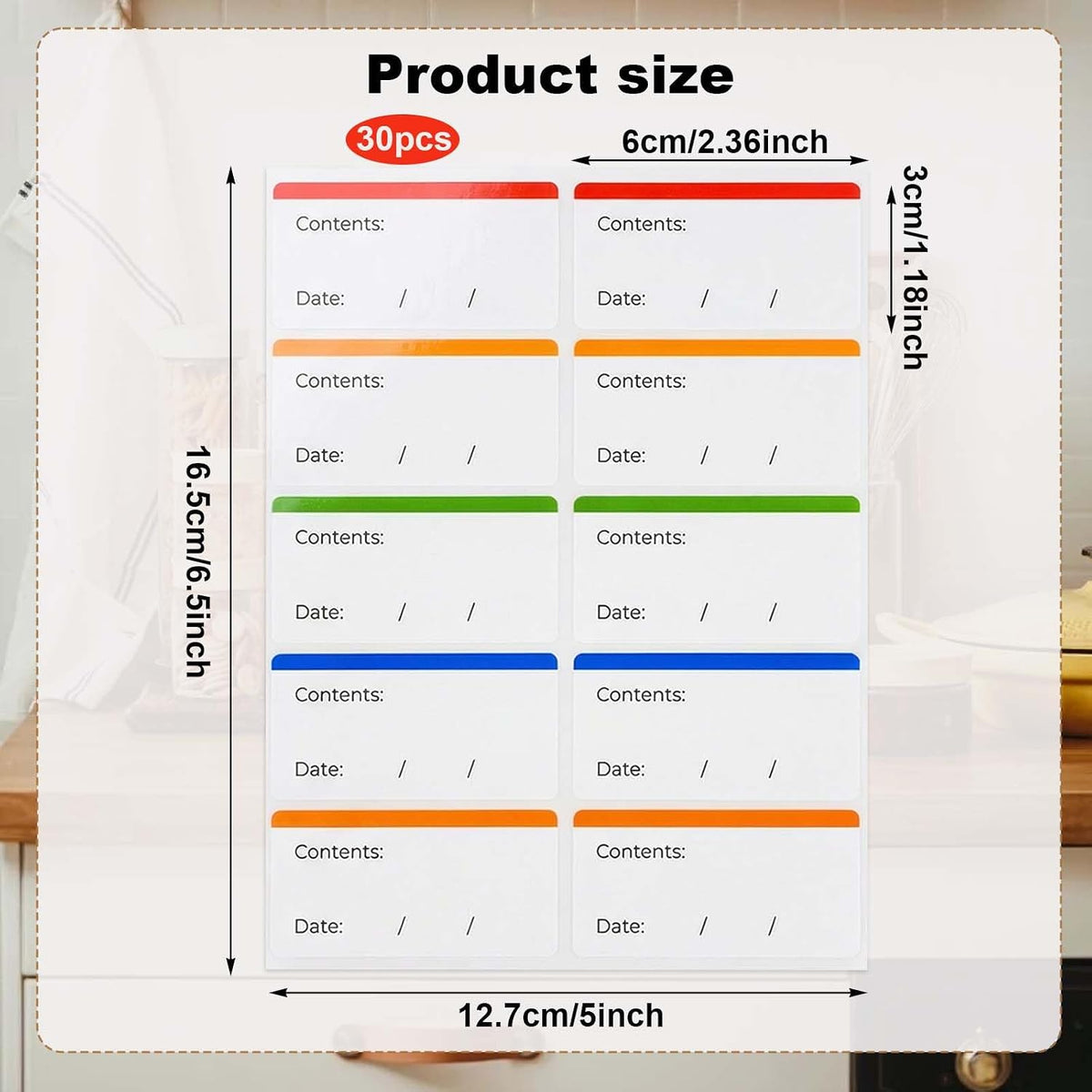 300 Pcs Freezer Food Labels on Roll - 30x60mm Self-Adhesive, Removable Kitchen Date Labels for Storage Containers - Record Food Safely with Date, Time, Use By, and Init (Colorful)