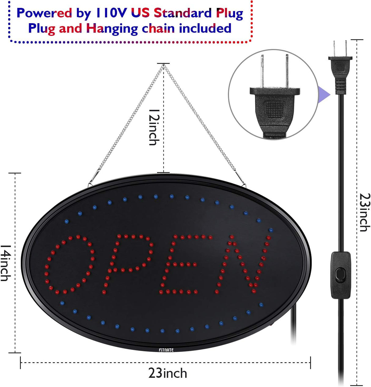 LED Open Sign, 23x14 inches Brighter Advertising Board Electric Lighted Display -UL-Flashing or Steady Mode- Lighting Up for Holiday, Business, Window, Bar, Hotel, with Open Closed Sign
