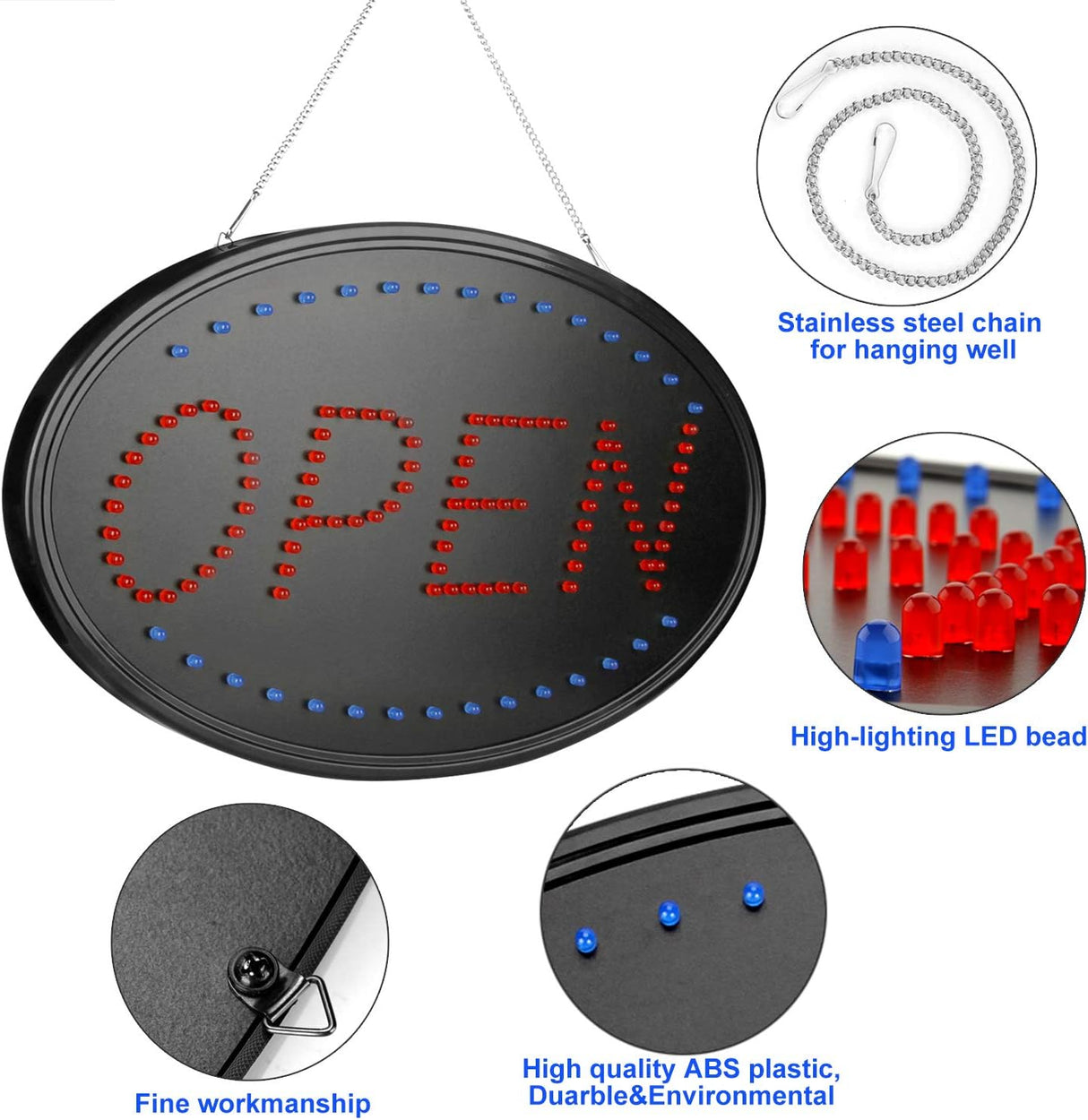 LED Open Sign, 23x14 inches Brighter Advertising Board Electric Lighted Display -UL-Flashing or Steady Mode- Lighting Up for Holiday, Business, Window, Bar, Hotel, with Open Closed Sign