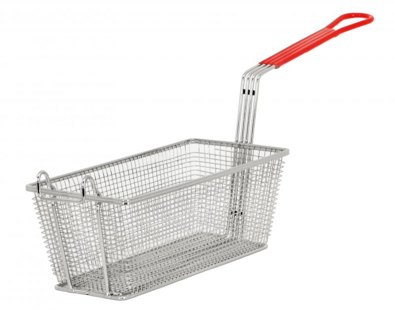 Omcan 12 7/8″ x 6 1/2″ x 5 3/8″ Nickel-Plated Iron Fryer Basket with Red Handle
