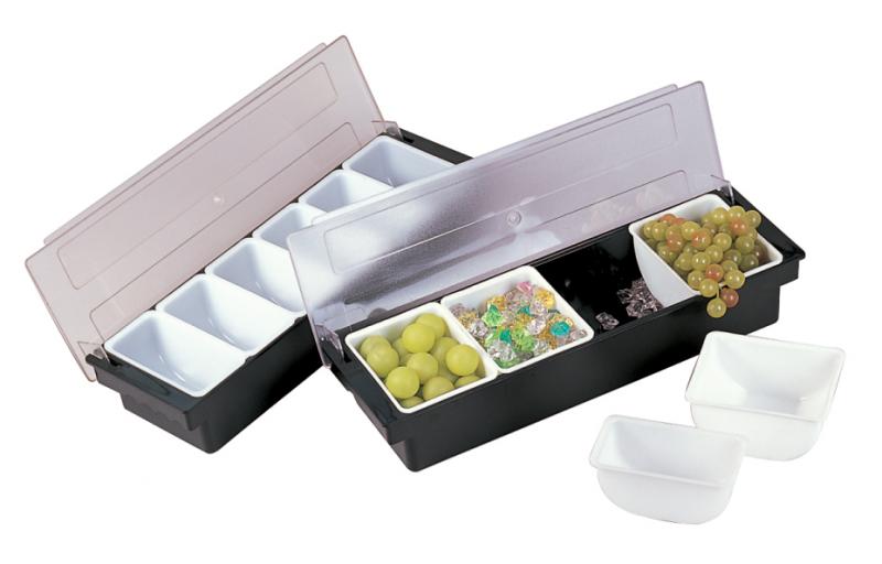 Omcan Black Plastic 4-Compartment Condiment Holder with Clear Cover