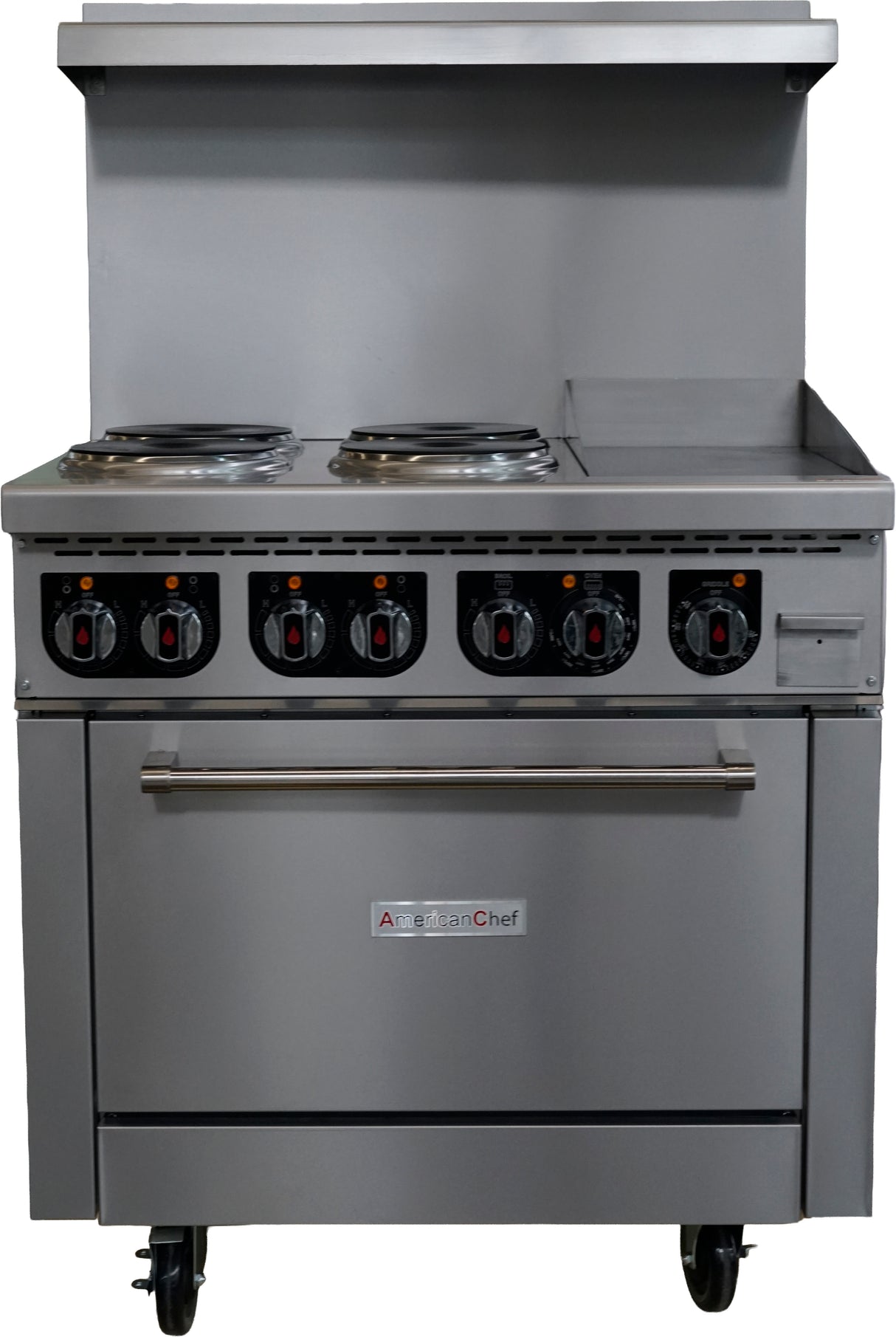 American Chef ACER36-4B12G - 36" 4 Burner ElectricRange / 12" Griddle with Standard Oven, 208V, with casters