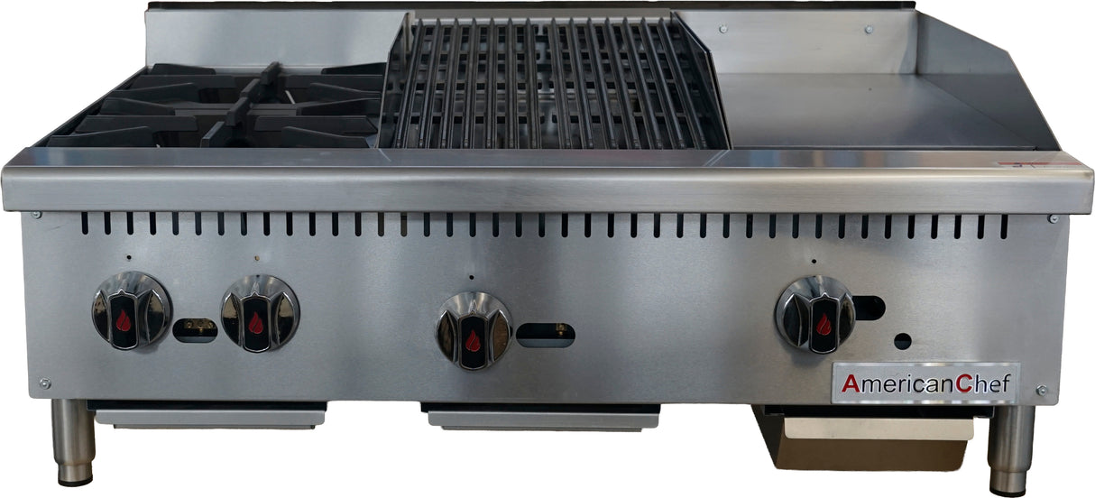 American Chef ACGC36-2B12C12G - Gas Charbroiler 12" / Griddle 12" / Hotplate 2 Burner, natural gas