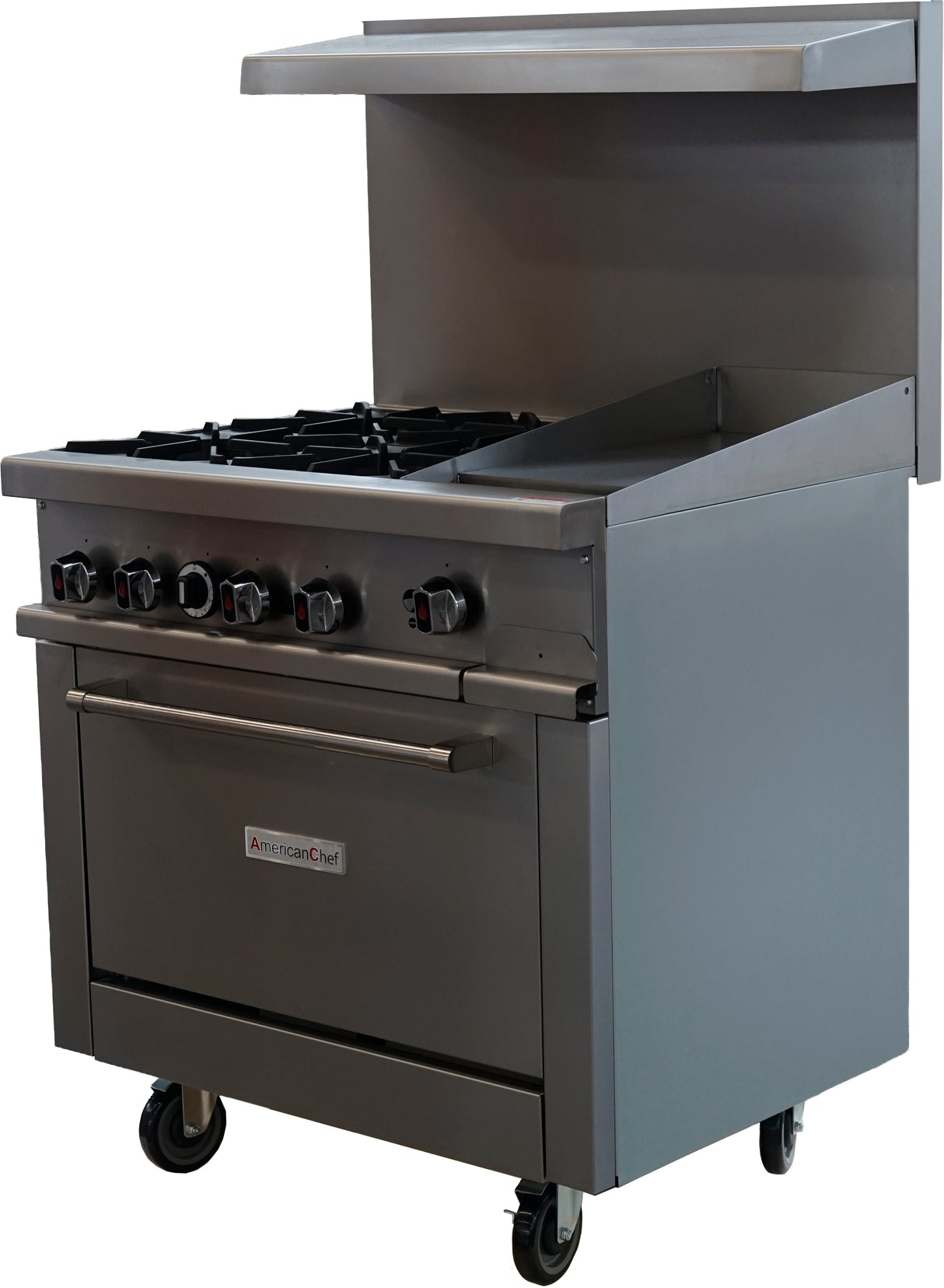 American Chef ACGR36-4B12G - 36" 4 Burner Gas Range / 12" Griddle with Standard Oven, natural gas, with casters