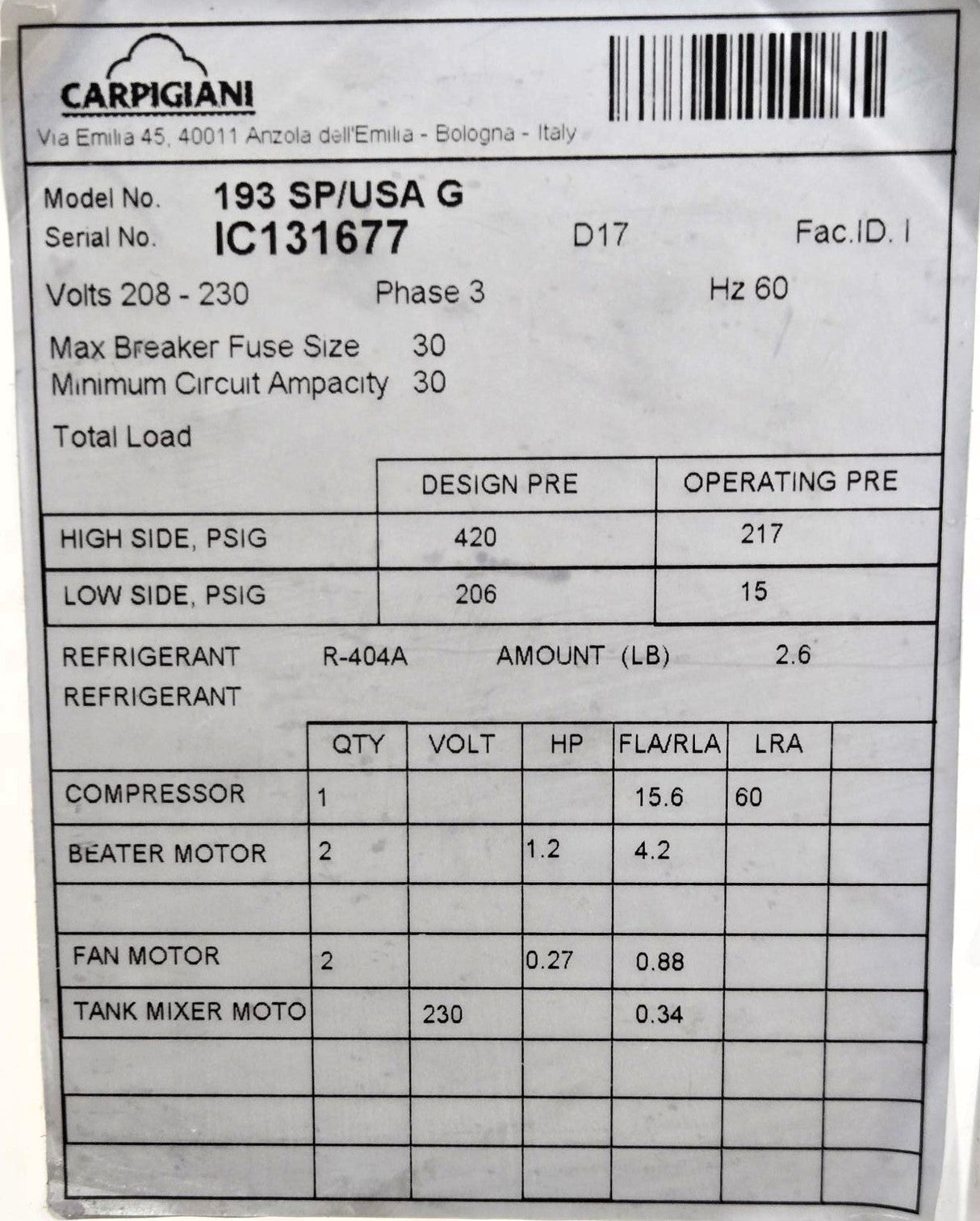Carpigiani 193 SP/USA G Soft Serve Ice Cream Machine