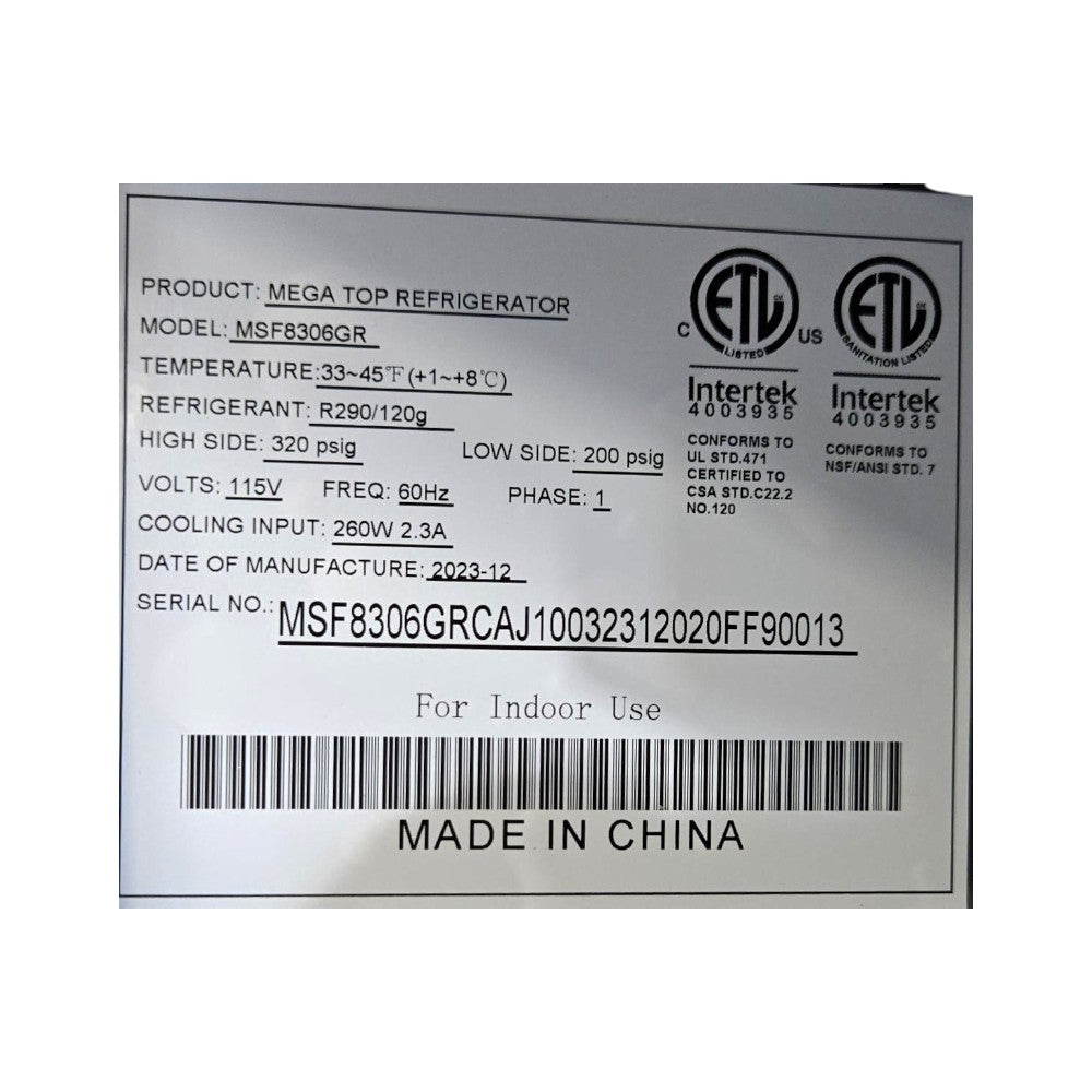 Atosa MSF8306GR Refrigerated Mega Top Prep Table - 2 Door