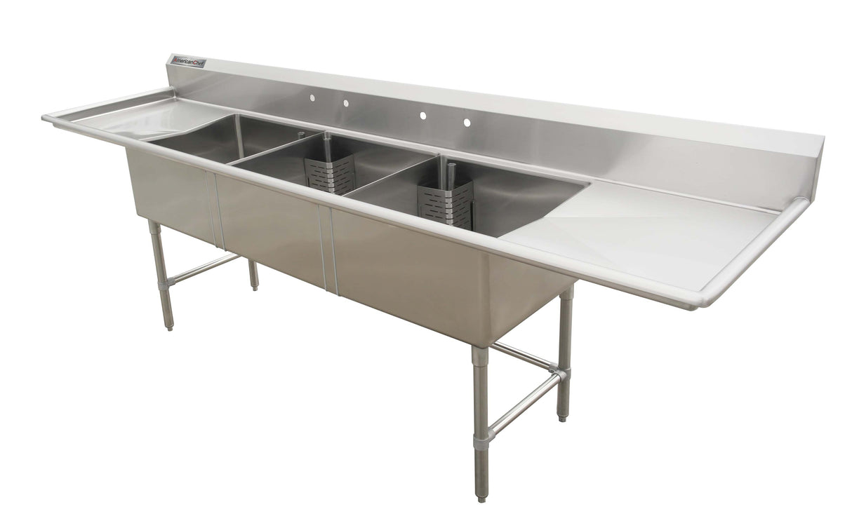 American Chef TS1821-RL Triple Compartment Sink with Left & Right Drainboards