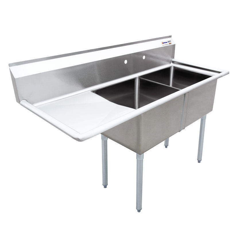 Omcan 43768 - 18" x 18" x 11" 18-Gauge Stainless Steel Two Tub Sink with 3.5" Center Drain and Left Drainboard