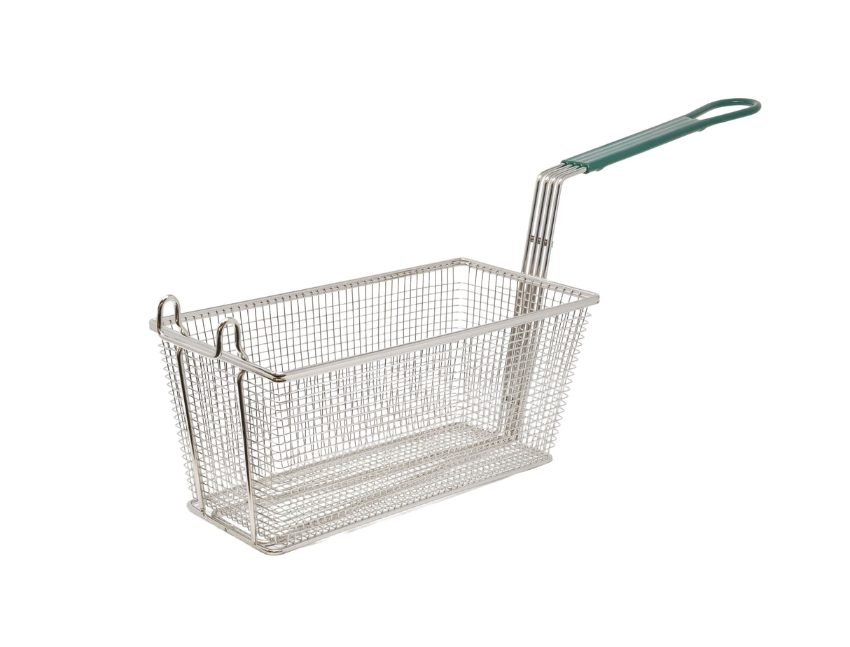 Omcan 13 1/4" x 6 1/2" x 6" Nickel-Plated Iron Fryer Basket with Green Handle 11367