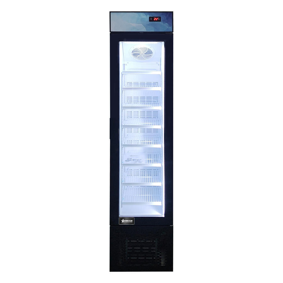 Omcan 17” Slim Glass-Door Black Display Freezer with 3.7 cu.ft. (105L) Capacity and Top Lightbox – 110V, 180W