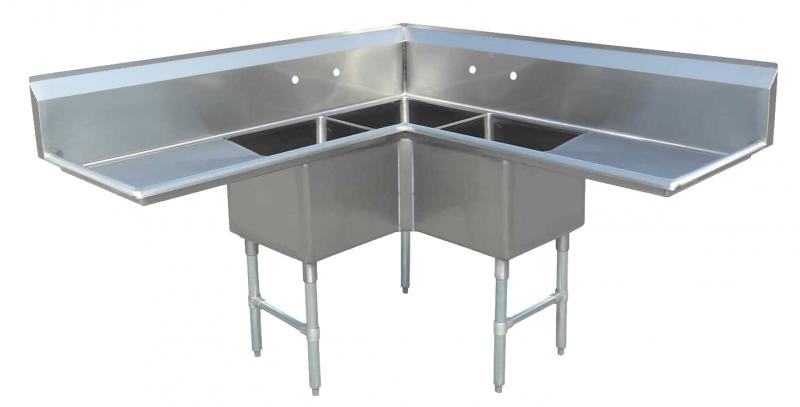 Omcan Three Compartment Corner Sink with Two Drainboards and 3.5″ Center Drain – Tub Size 18″ x 18″ x 14″