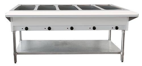 Omcan 5 Pan Open Well Propane Steam Table with Cutting Board and Undershelf