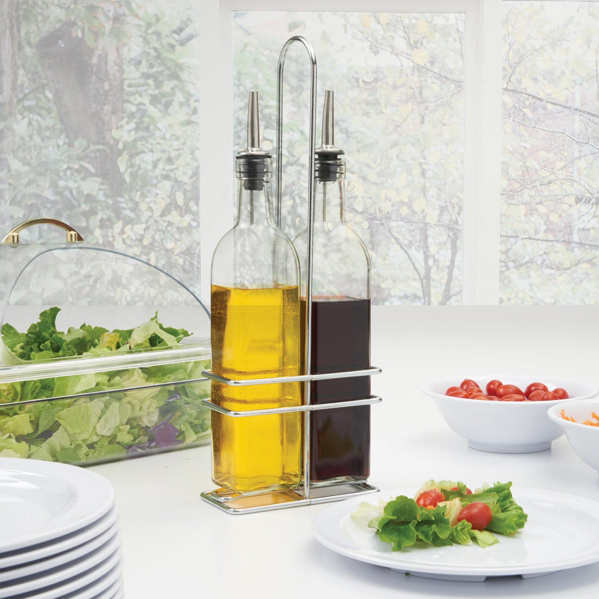 Winco GOB-16S - Oil/Vinegar Cruet Set with Chrome Plated Rack & Two Bottles - 16 oz