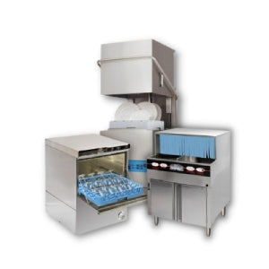 Commercial dishwasher in a commercial kitchen, designed for efficient cleaning and sanitizing of dinnerware and utensils.
