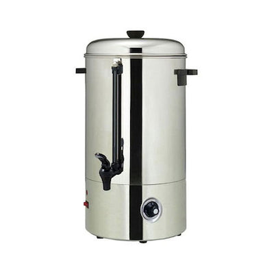 Commercial water boiler in a kitchen, showcasing stainless steel construction and a manual fill option.