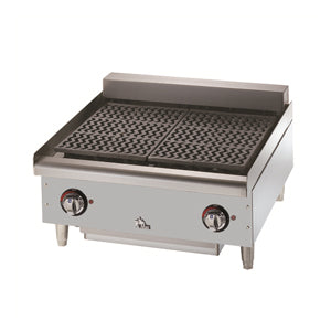 Electric charbroiler with grates, showcasing its versatile cooking surface for grilling meats and vegetables.