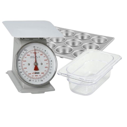 Image of various smallwares essential for a commercial kitchen, including cookware, bakeware, food storage solutions, and tabletop items.