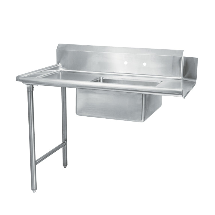 Commercial soiled dish table made of stainless steel, featuring a sloped surface, scrap block, small sink, faucet holes, and a designated dish rack for efficient dishwashing.