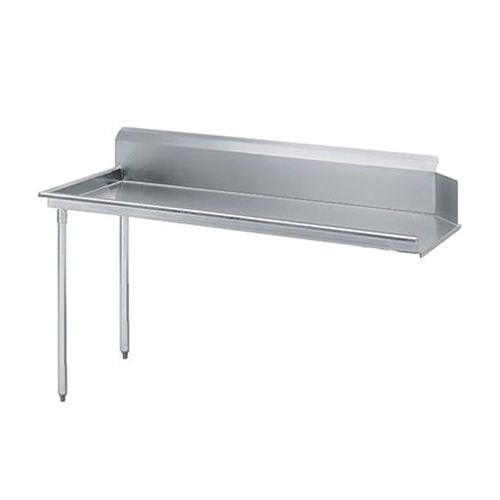 Clean dish table in a dining environment, made of stainless steel with raised edges and integrated shelving for efficient organization and hygiene.