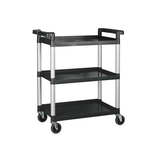 Versatile utility cart with multiple shelves and wheels for easy transport in various settings.