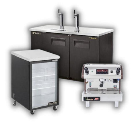 A selection of high-quality beverage equipment, including bar coolers, espresso grinders, coffee brewers, hot water dispensers, and water boilers.