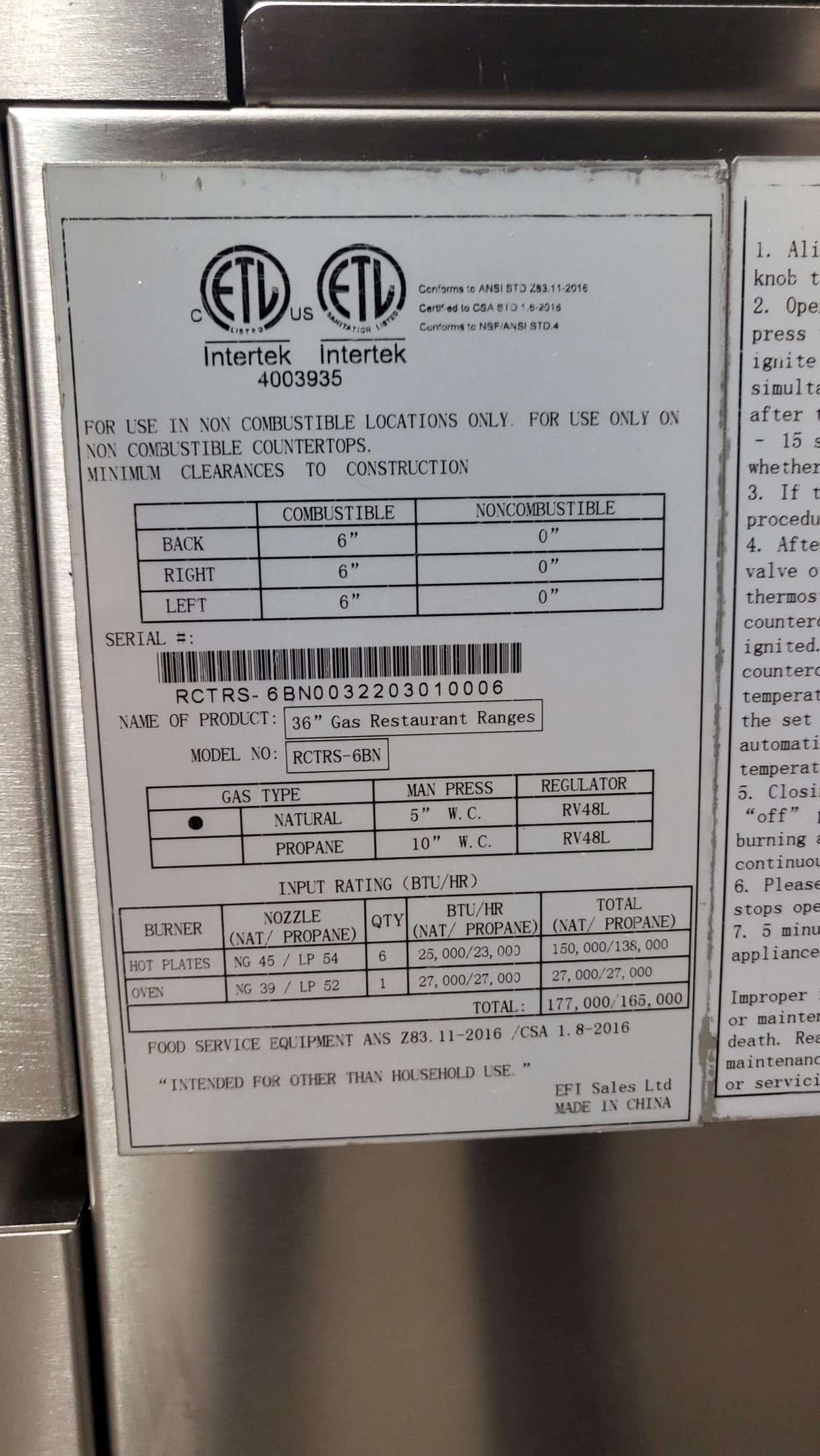 EFI RCTRS-6BN Oven Range - Natural Gas